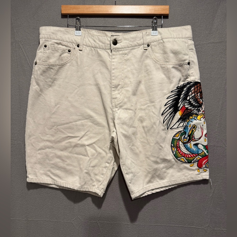Ed Hardy cream Jean Shorts with Colorful Embroidery